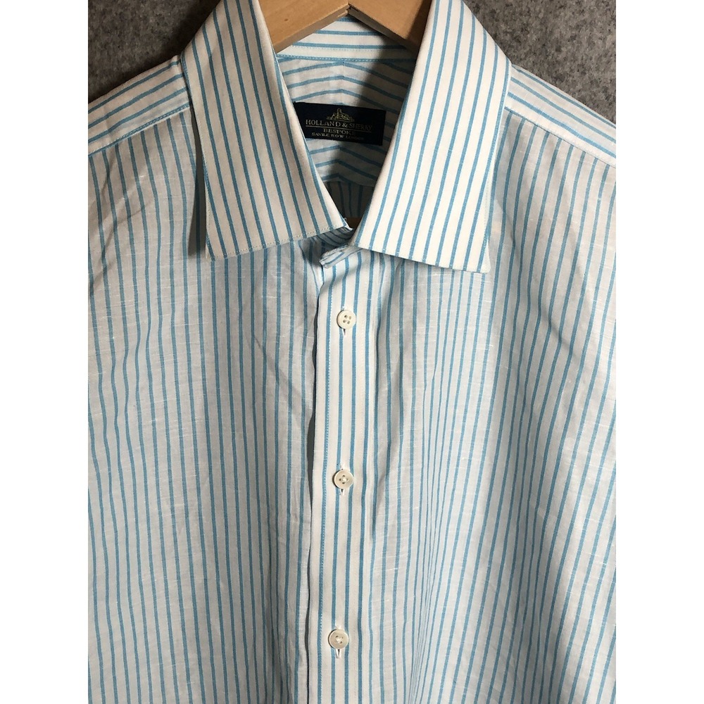 Holland & Sherry Shirt Mens XL Blue Stripe Bespoke Saville Row Career Classic